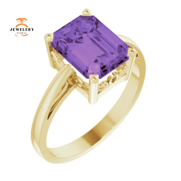 14KT GOLD 2.25 CT EMERALD CUT AMETHYST SCROLL RING - Image 5