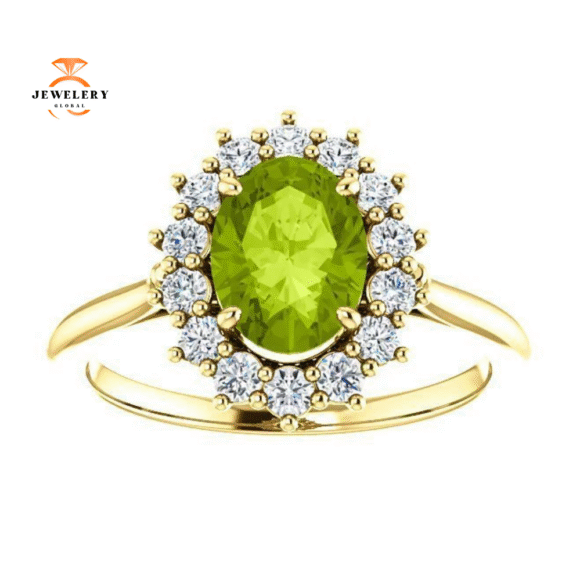 14KT GOLD PERIDOT & DIAMOND OVAL HALO RING - Image 8