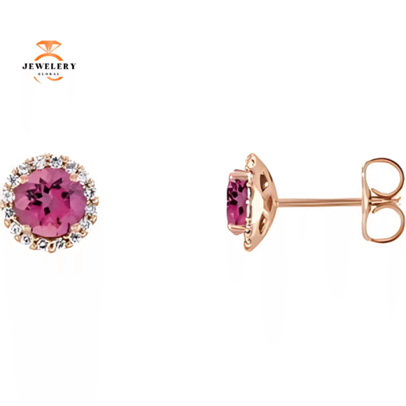 14KT GOLD 0.56 CTW PINK TOURMALINE & 1/8 CTW DIAMOND HALO EARRINGS - Image 5