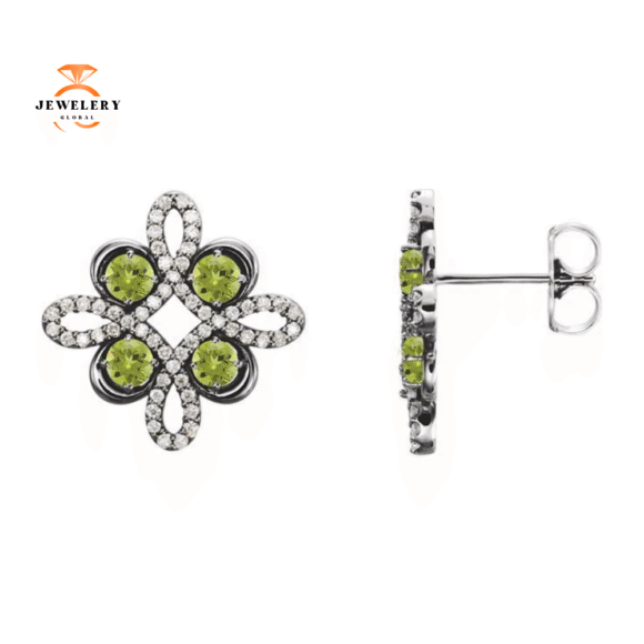 14KT GOLD 0.72 CTW PERIDOT & 1/4 CTW DIAMOND CLOVER EARRINGS