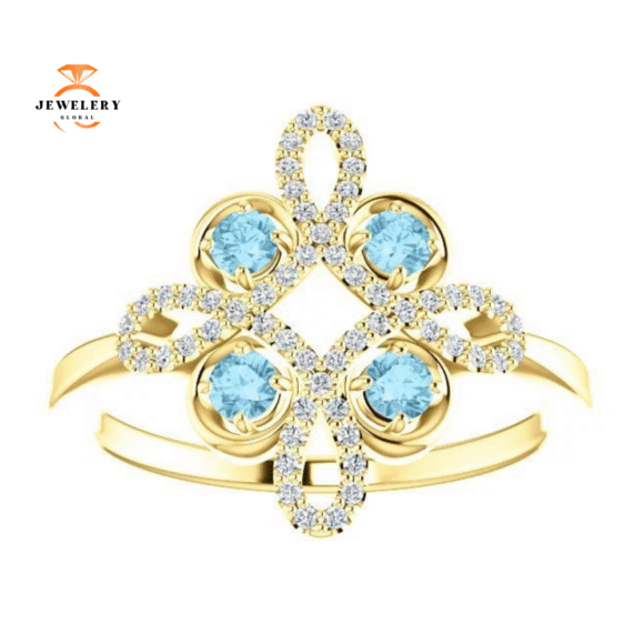 14KT GOLD AQUAMARINE & DIAMOND CLOVER RING - Image 5