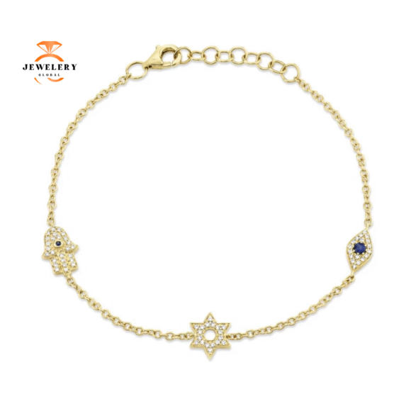 14KT GOLD SAPPHIRE & DIAMOND HAMSA STAR EYE BRACELET - Image 2