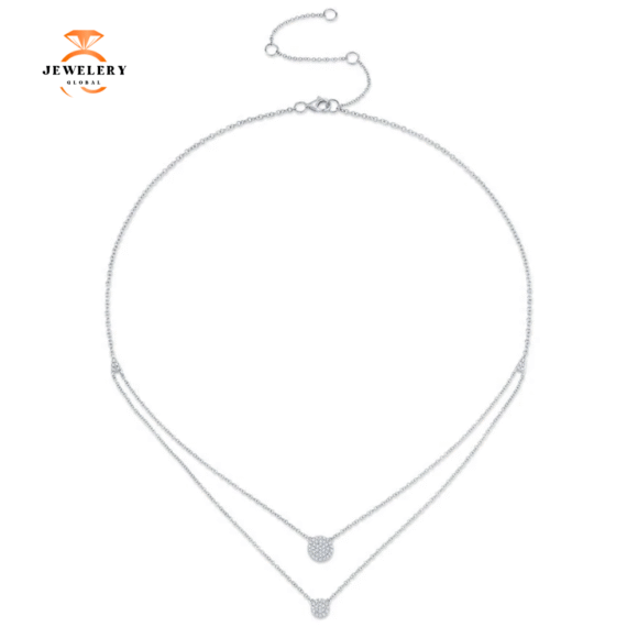 14KT GOLD 0.16 CTW DIAMOND PAVE CIRCLE DOUBLE LAYER NECKLACE