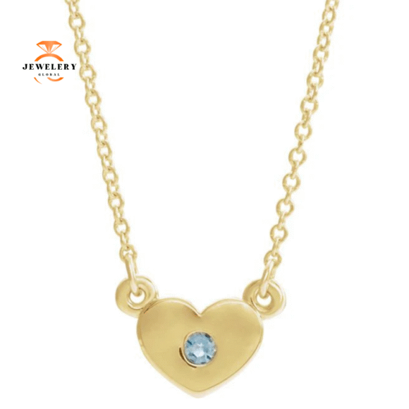 14KT GOLD ROUND AQUAMARINE HEART PETIITE NECKLACE - Image 3