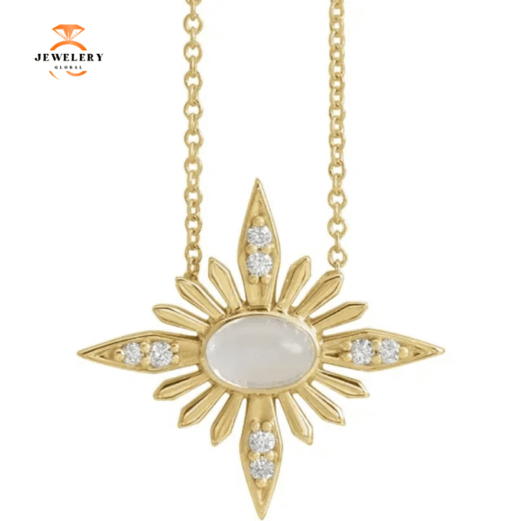 14KT GOLD .60 CT MOONSTONE & .08 CTW DIAMOND CELESTIAL NECKLACE - Image 2