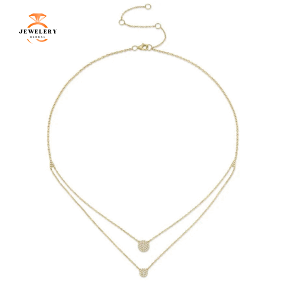 14KT GOLD 0.16 CTW DIAMOND PAVE CIRCLE DOUBLE LAYER NECKLACE - Image 2