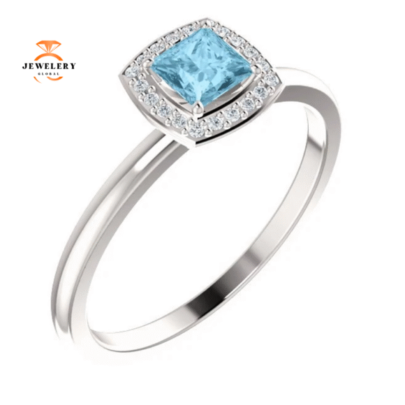 14KT GOLD 1/4 CT AQUAMARINE & 1/20 CTW DIAMOND HALO RING