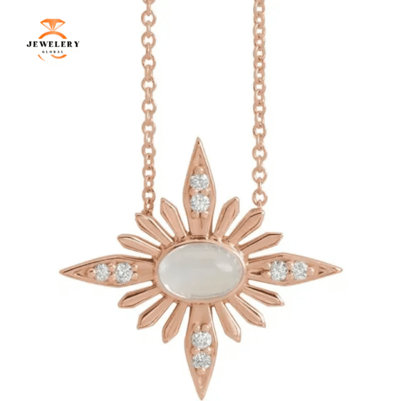 14KT GOLD .60 CT MOONSTONE & .08 CTW DIAMOND CELESTIAL NECKLACE - Image 3