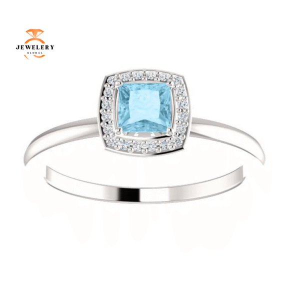 14KT GOLD 1/4 CT AQUAMARINE & 1/20 CTW DIAMOND HALO RING - Image 3