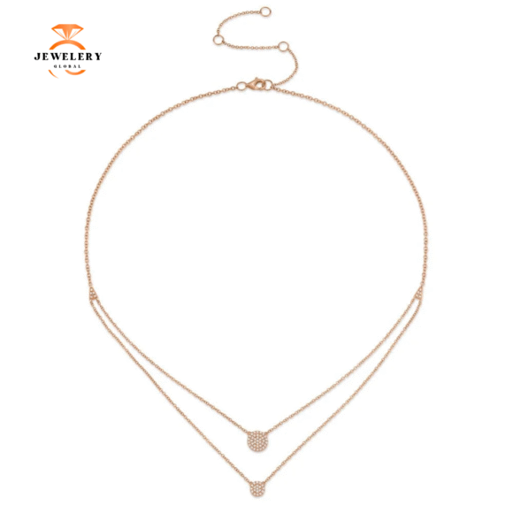 14KT GOLD 0.16 CTW DIAMOND PAVE CIRCLE DOUBLE LAYER NECKLACE - Image 3