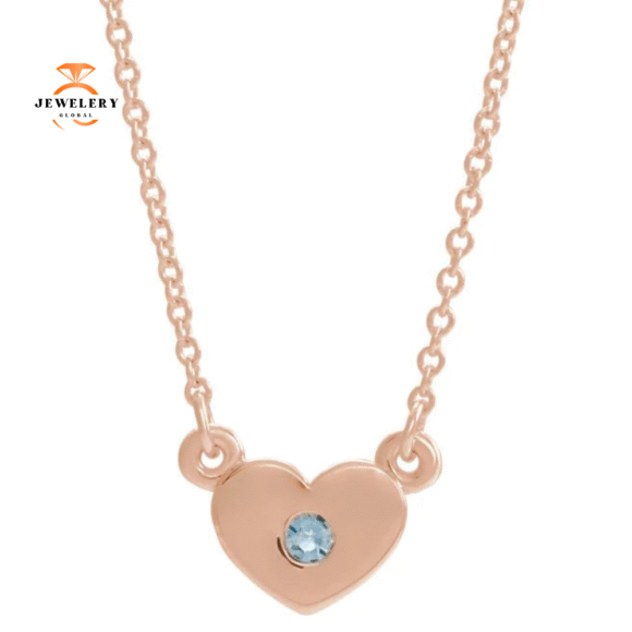 14KT GOLD ROUND AQUAMARINE HEART PETIITE NECKLACE - Image 5