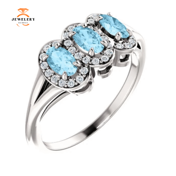 14KT GOLD .60 CTW AQUAMARINE & .16 CTW DIAMOND 3 STONE HALO RING