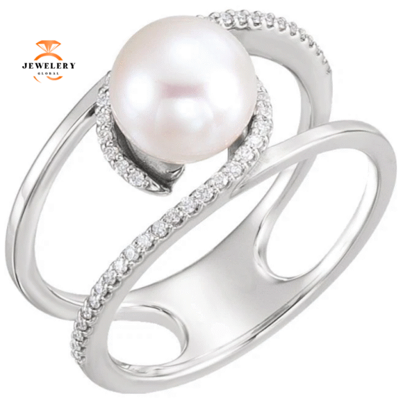 14KT GOLD FRESHWATER CULTURED PEARL & 1/8 CTW DIAMOND RING