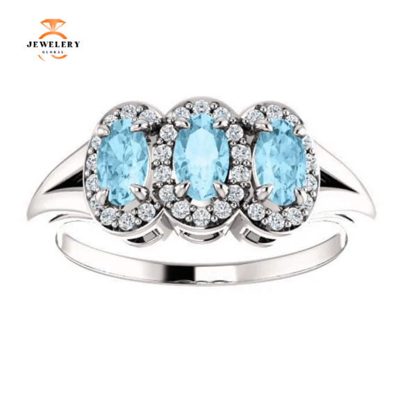 14KT GOLD .60 CTW AQUAMARINE & .16 CTW DIAMOND 3 STONE HALO RING - Image 2