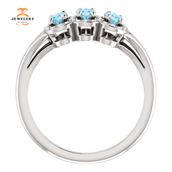 14KT GOLD .60 CTW AQUAMARINE & .16 CTW DIAMOND 3 STONE HALO RING - Image 3