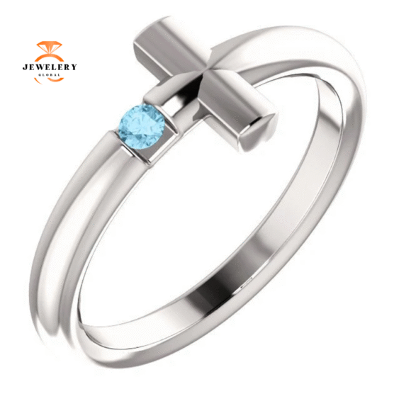 14KT GOLD ROUND AQUAMARINE SIDEWAYS CROSS RING