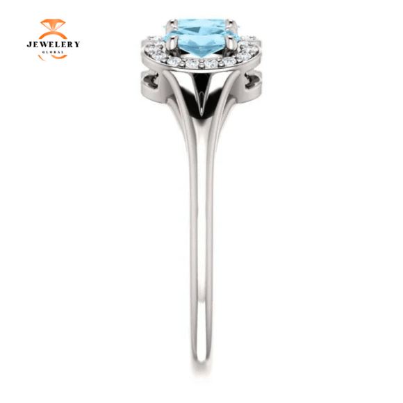 14KT GOLD .60 CTW AQUAMARINE & .16 CTW DIAMOND 3 STONE HALO RING - Image 4