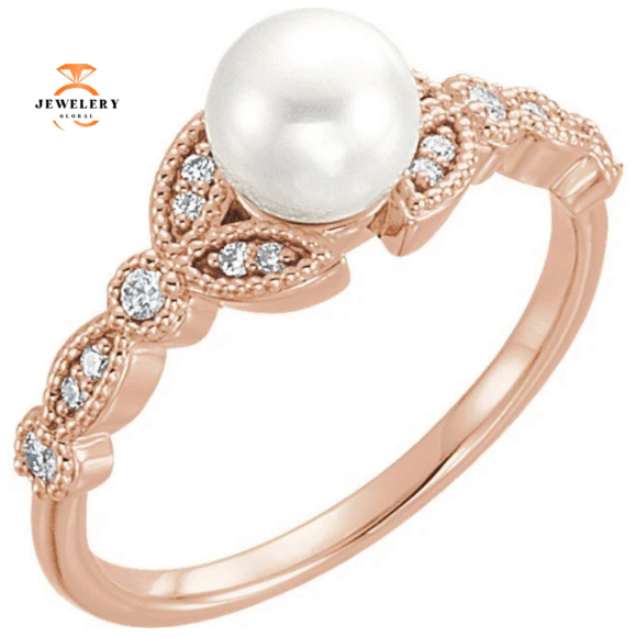 14KT GOLD PEARL & DIAMOND LEAF RING