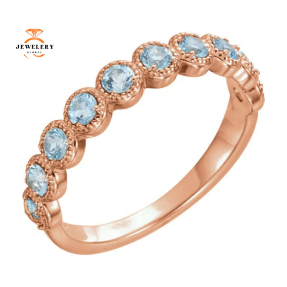 14KT GOLD 0.60 CTW AQUAMARINE STACKABLE BEADED RING