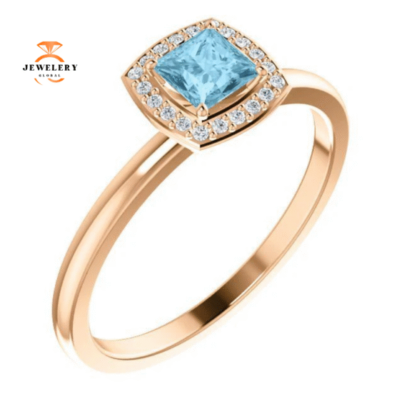 14KT GOLD 1/4 CT AQUAMARINE & 1/20 CTW DIAMOND HALO RING - Image 7