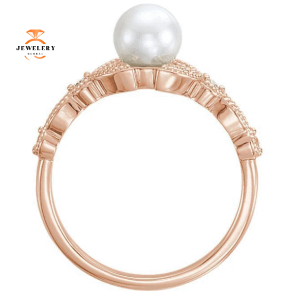 14KT GOLD PEARL & DIAMOND LEAF RING - Image 2