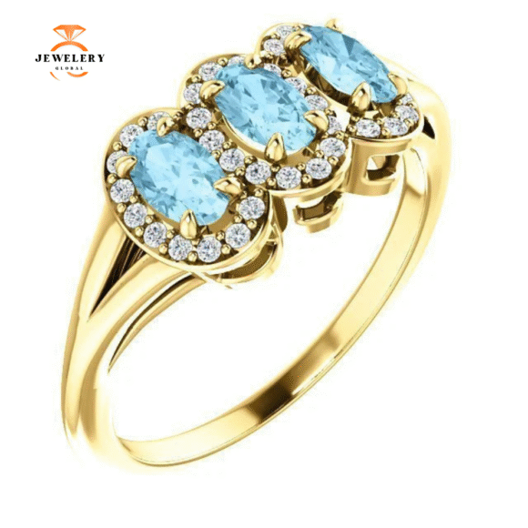 14KT GOLD .60 CTW AQUAMARINE & .16 CTW DIAMOND 3 STONE HALO RING - Image 5