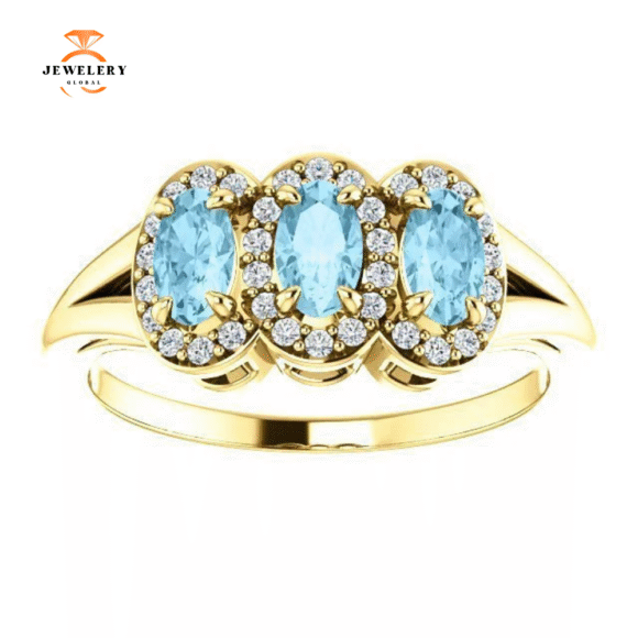 14KT GOLD .60 CTW AQUAMARINE & .16 CTW DIAMOND 3 STONE HALO RING - Image 6
