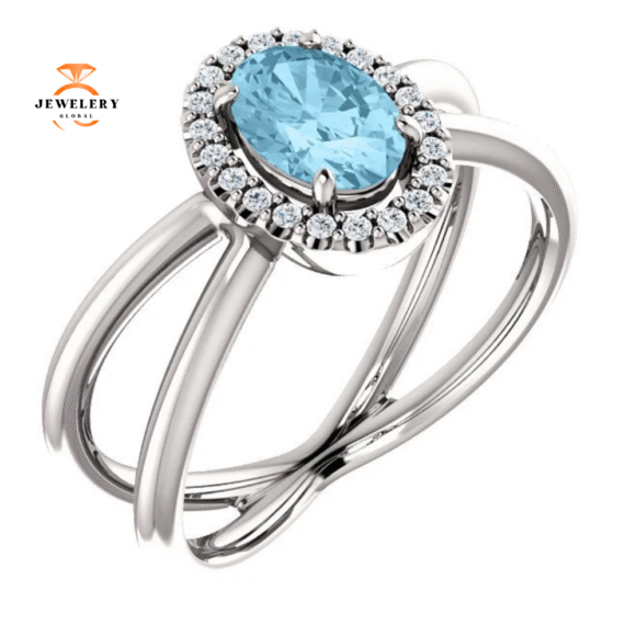 14KT GOLD AQUAMARINE & DIAMOND CRISS-CROSS HALO RING - Image 4