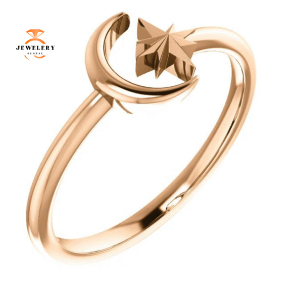 14KT GOLD CRESCENT MOON & STAR SPACE RING
