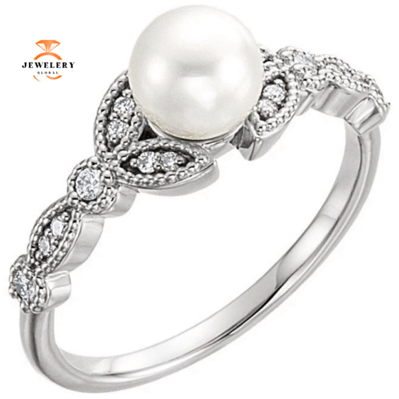 14KT GOLD PEARL & DIAMOND LEAF RING - Image 3