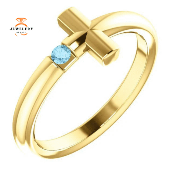 14KT GOLD ROUND AQUAMARINE SIDEWAYS CROSS RING - Image 4