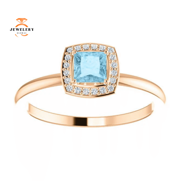 14KT GOLD 1/4 CT AQUAMARINE & 1/20 CTW DIAMOND HALO RING - Image 9