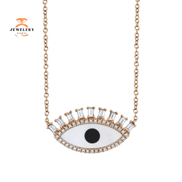 14KT Rose Gold .94 CT Onyx & Mother of Pearl & .29 CTW Diamond Eye Necklace