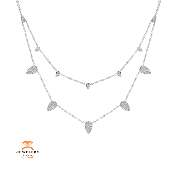 14KT White Gold .50 CTW Diamond Pave Pear Shape 2-Row Necklace