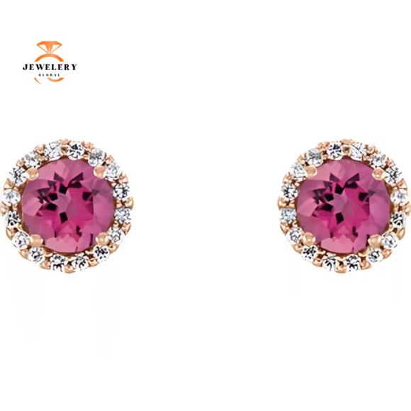14KT GOLD 0.56 CTW PINK TOURMALINE & 1/8 CTW DIAMOND HALO EARRINGS - Image 6