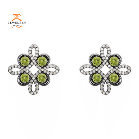 14KT GOLD 0.72 CTW PERIDOT & 1/4 CTW DIAMOND CLOVER EARRINGS - Image 2