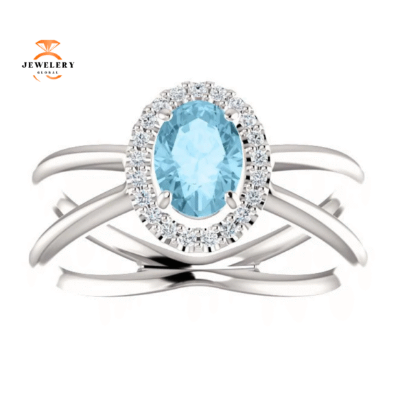 14KT GOLD AQUAMARINE & DIAMOND CRISS-CROSS HALO RING - Image 5