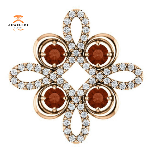 14KT GOLD GARNET AND DIAMOND CLOVER PENDANT