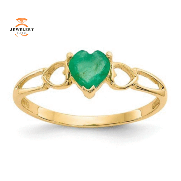 14KT GOLD HEART EMERALD BIRTHSTONE RING - Image 3
