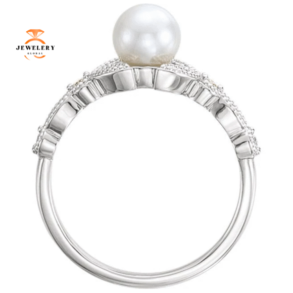 14KT GOLD PEARL & DIAMOND LEAF RING - Image 4