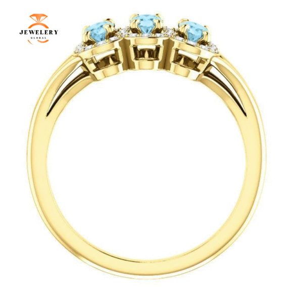 14KT GOLD .60 CTW AQUAMARINE & .16 CTW DIAMOND 3 STONE HALO RING - Image 7