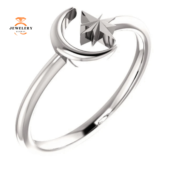 14KT GOLD CRESCENT MOON & STAR SPACE RING - Image 3