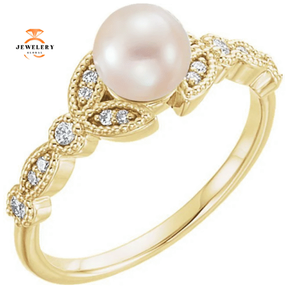 14KT GOLD PEARL & DIAMOND LEAF RING - Image 5