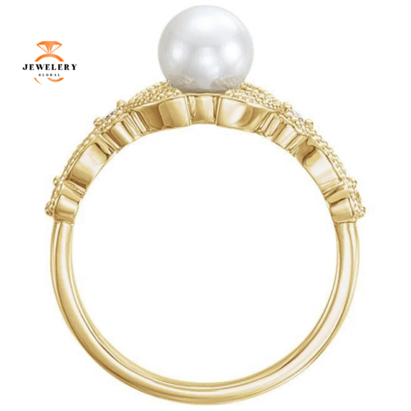 14KT GOLD PEARL & DIAMOND LEAF RING - Image 6