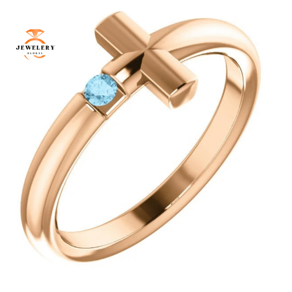 14KT GOLD ROUND AQUAMARINE SIDEWAYS CROSS RING - Image 7