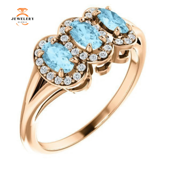 14KT GOLD .60 CTW AQUAMARINE & .16 CTW DIAMOND 3 STONE HALO RING - Image 9
