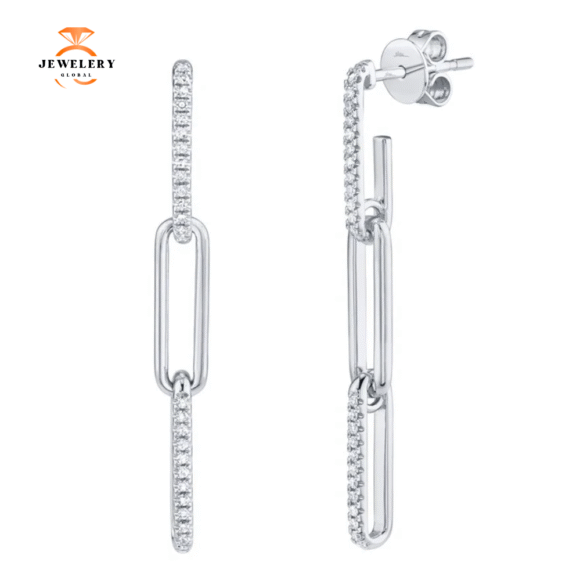 14KT GOLD 0.17 CTW DIAMOND PAPERCLIP LINK DANGLE EARRINGS