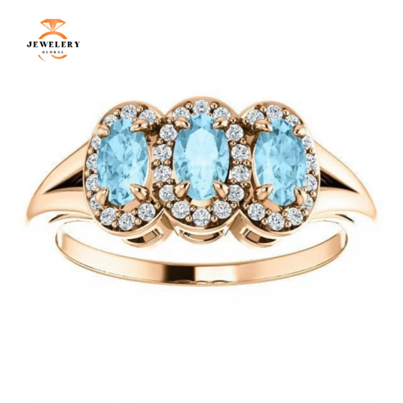 14KT GOLD .60 CTW AQUAMARINE & .16 CTW DIAMOND 3 STONE HALO RING - Image 10