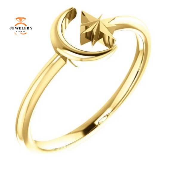 14KT GOLD CRESCENT MOON & STAR SPACE RING - Image 5