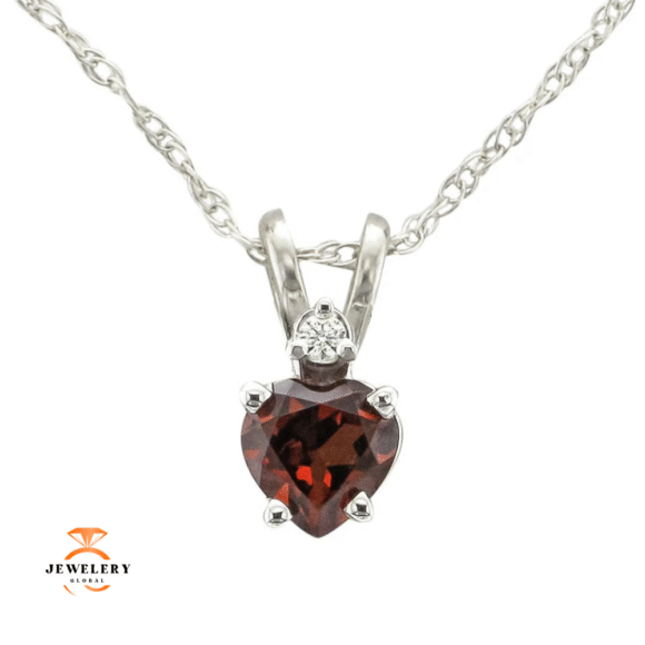 14KT GOLD HEART GARNET AND DIAMOND NECKLACE